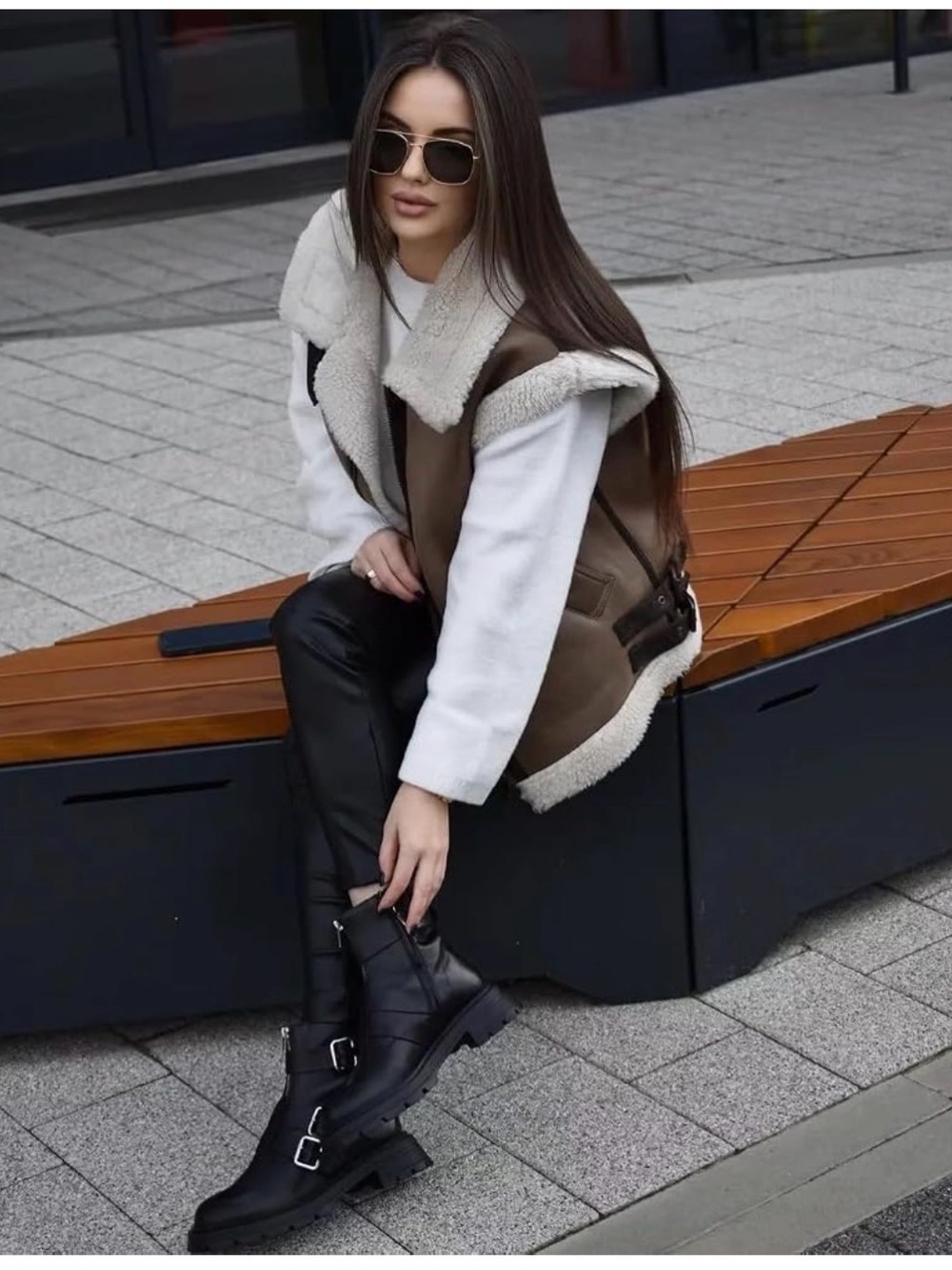 Zara Brown Teddy Shearling Vest with Cream Trim